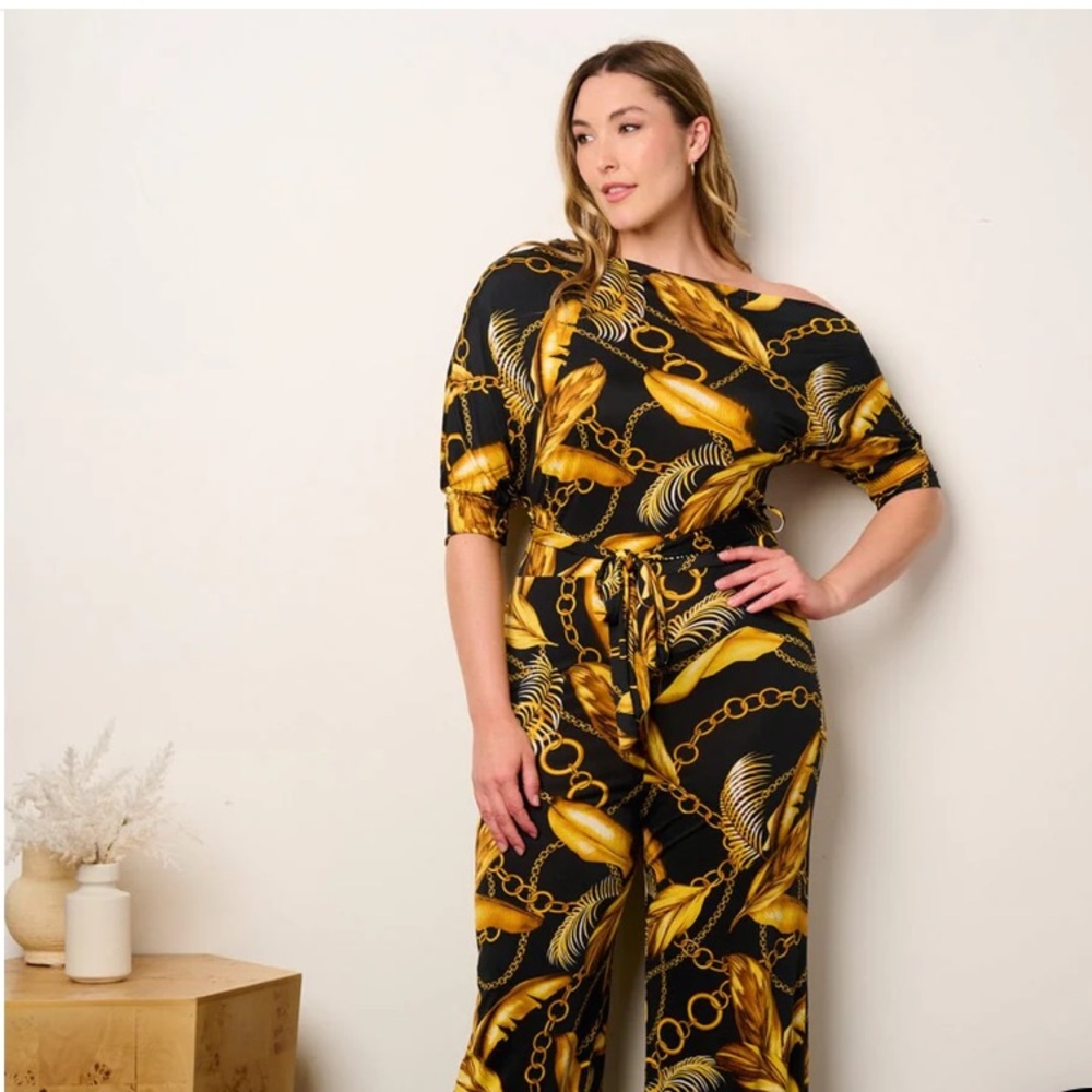 PLUS SIZE OFF SHOULDER MULTI PRINT WIDE LEG JUMPSUIT NWOT